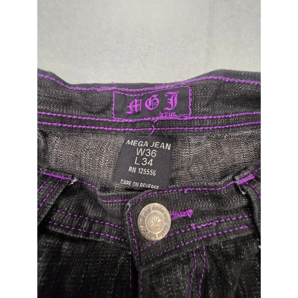MGI Mega Jean Urban Streetwear Black Denim Jeans Purple Embroidery W36 L34